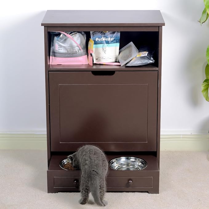Pet Feeder Station, Dog Food Storage Cabinet with Stainless Steel Double Pull Out Raised Dog Bowls, Pet Food Toy Storage Container, Elevated Cat Bowls Feeding & Watering, Pet Toy Storage Organizer