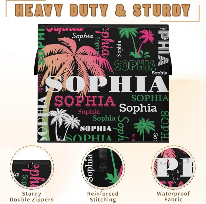 Custom Name Storage Bin with Lid, Personalized Extra Large Pink Green Tropical Palm Tree Black Storage Basket with Handles Zippers for Organizing Comforters, Blankets, Bedding Closet Shelf Baskets