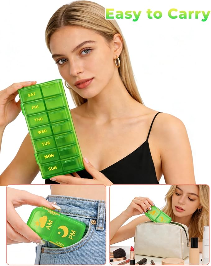 Travel Weekly Pill Organizer 2 Times a Day, 7 Day AM/PM Pill Box, Portable Medication Dispenser with Child-Resistant Latch, BPA-Free, Travel, Office, Pets, Emergency Use (Neon Green)