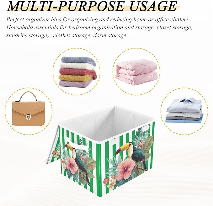 Fabric Storage Bins with Lid Floral Bird Foldable Storage Boxes 40L Baskets | Decorative Storage Boxes, Dust-Proof Flip Top, Reinforced Handles, For Home & Bedroom, Clothes & Toy Box, Flower Fabric Print