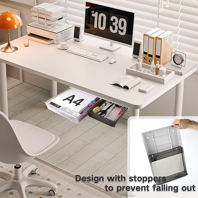 OSPNIEEK Self-adhesive Under Desk Drawer Organizer, 2 Pack Table Hidden Slide Out Large Storage Mounted Desktop Pencil Holder Tray Drawers for Office Home School Stationery Kitchen (XL+L, Black)