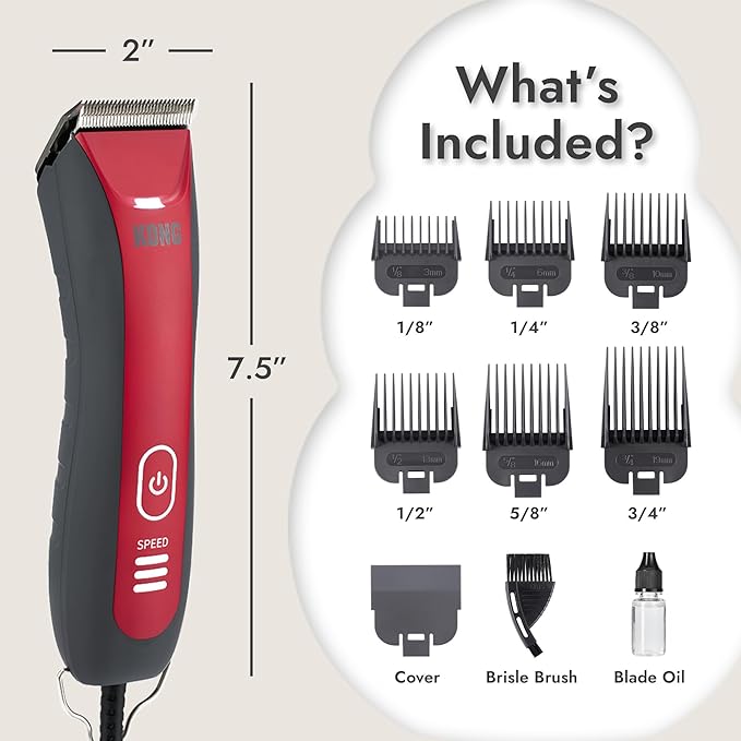 Kong 3-Speed Dog Clipper Grooming Kit – Stainless Steel Blade, Waterproof, LED Spotlight, 6 Guide Combs, 10-Foot Cord, Ergonomic Handle – Red/Gray, All Coat Types