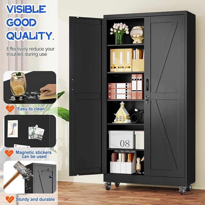 GAIOUS 73.6" Tall Metal Storage Cabinet with Lock and Wheels, File Cabinet | for Home Office, Garage Storage Cabinets with 2 Door and 5 Adjustable Shelves, Rolling Tool Cabinet, Utility Cabinet, Black