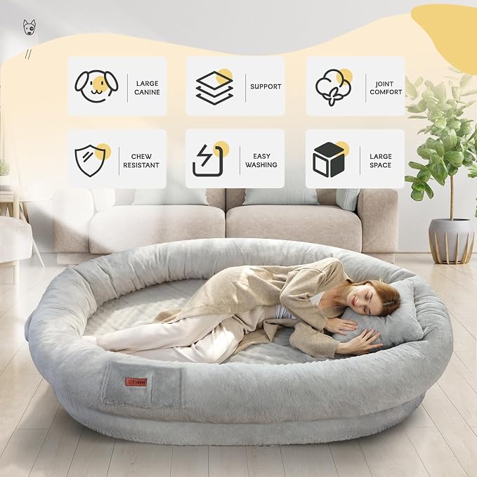 Fvkind Human Dog Bed, Human Size Dog Bed for Adults, 70"x33"x12", Grey | Human Sized Dog Bed, Thick Egg Crate Foam, Washable Plush Faux Fur Cover, Comfortable Resting Dog Bed for Humans and Dogs
