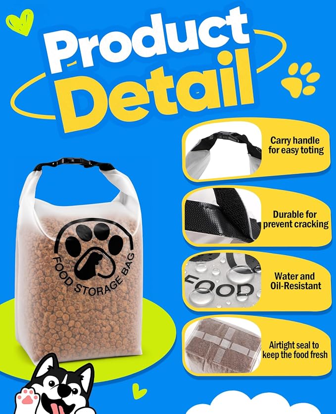 Pet Food Storage Bag for Travel - Transparent Leak-Proof Dog Food Container with Roll-Top Closure, Keeps Kibble Fresh for Camping Trip, Dog Boarding, Weekend Getaways (14 Cups)