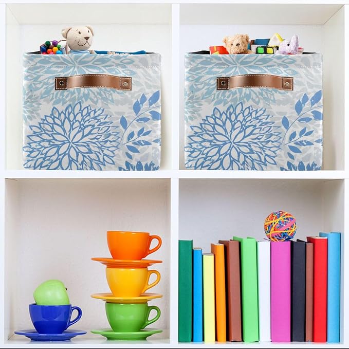 susiyo Large Foldable Storage Bin Blue Navy Chrysanthemum Flowers Fabric Storage Baskets Collapsible Decorative Baskets Organizing Basket Bin with PU Handles for Shelves Home Closet Bedroom-2Pack