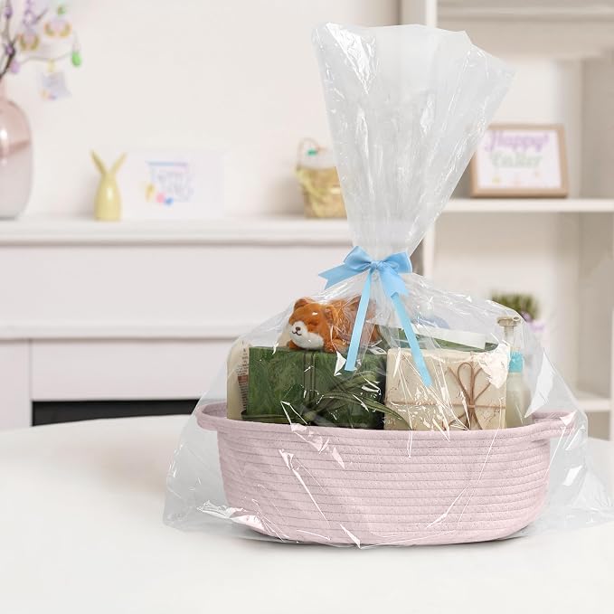 Pink Small Woven Basket, 13” x 9” x 5” Baskets for Gifts Empty, Cotton Rope Gift Basket, Cute Nursery Baby Organizer, Cat Dog Toy Bin Box, Wicker Storage Bin with Handle