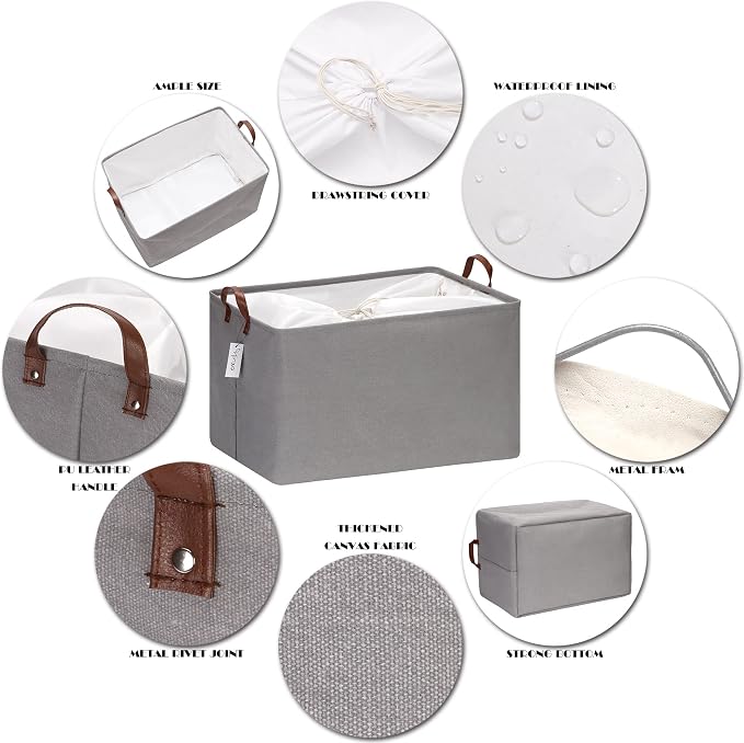 Hinwo 70L Extra Large Canvas Storage Bin with Lid and Handles, 6-Pack | Collapsible Fabric Baskets, Closet Shelf Organizers, Containers for Clothing, Blankets, Toys, Bedding (Gray)