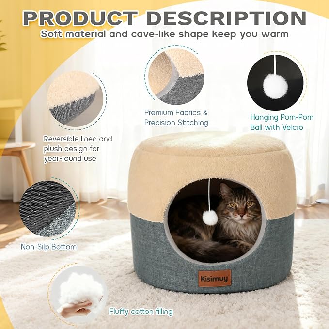 2-in-1 Foldable Cat Bed for Indoor Cats, Cat Cave & Sofa Bed | 19.7"D x 15"H, Reversible Plush & Linen Cushion,Enclosed Cat Bed, Hanging Cat Toys, Non-Slip, Large Cat Couch, Grey