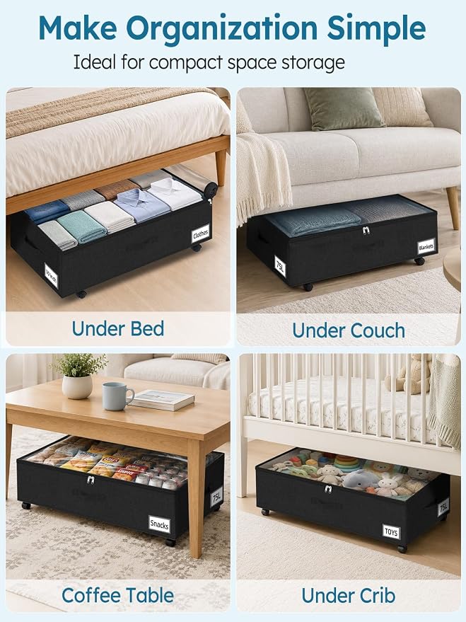 10-in 75L Low Profile Under Bed Storage with Wheels, 2 Pack,Black | 5 Rotating Wheels, Large Clear lid, Rigid Sides & Bottom, Low Space Storage, Under Bed, Couch, Crib, Dorm Organization