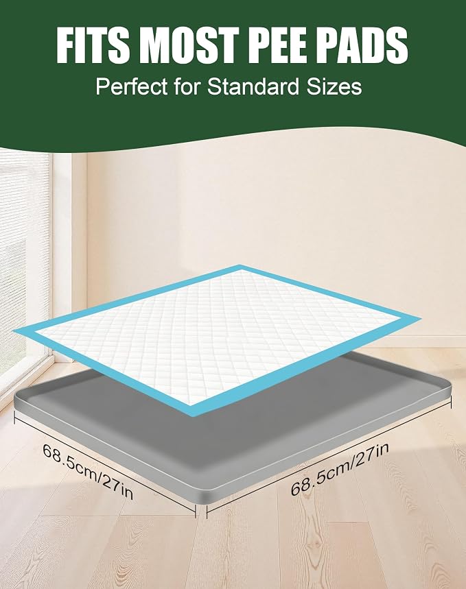 Dog Pee Pad Holder with 6 Clips, 27x27 Inch Silicone Puppy Pad Tray, Raised Edge Leak-Proof No Spill Mat for Dog Training Pads, Non-Slip Potty Holder for Indoor Floor Protection, Gray