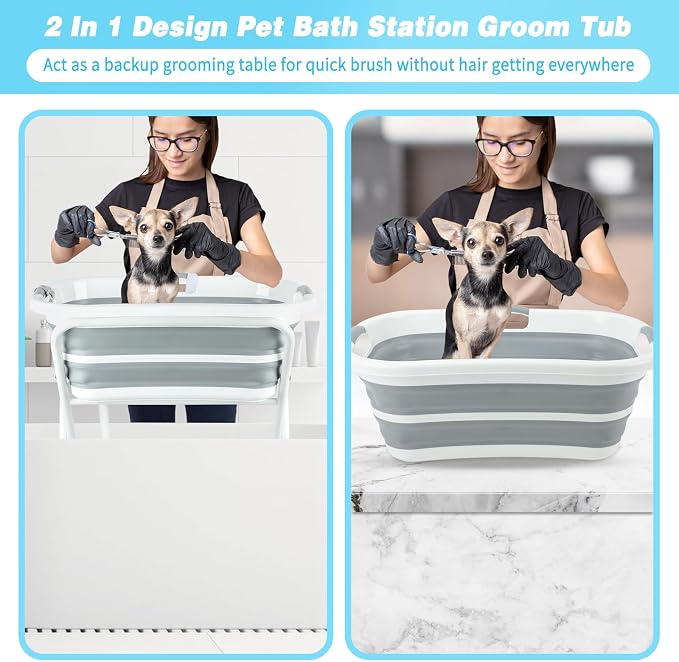FHTONGE Elevated Dog Bathtub Grooming Station with Drain Adjustable Collar | 2 in 1 Collapsible Dogs Beautify Bathtub Portable Pet Washing Station, Pet Tub for Small Medium Dog Cat Shower Hairdressing