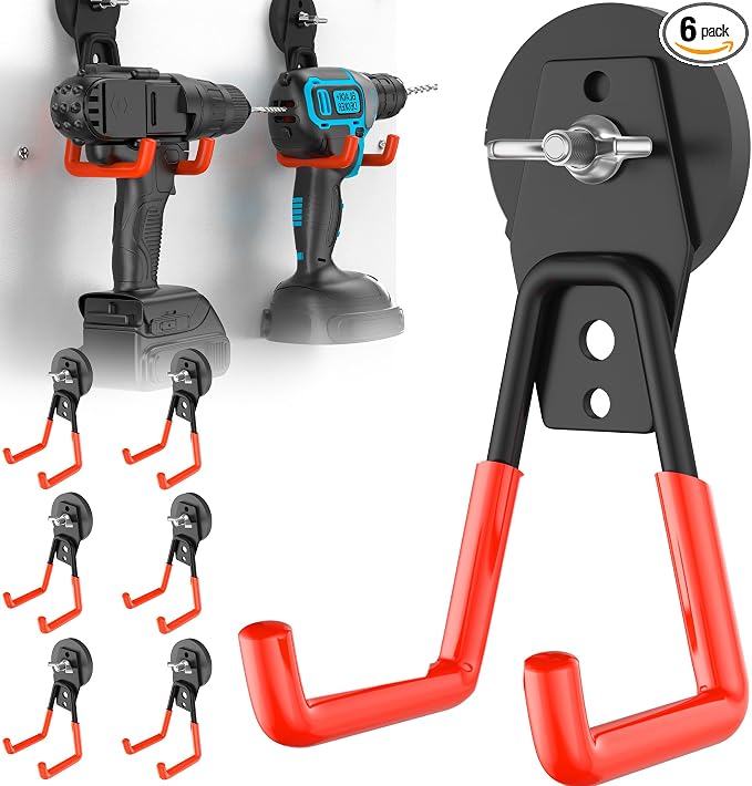 6 Pack Large Magnetic Hooks Heavy Duty, Strong Magnet Storage Hooks | Industrial Neodymium Magnet, Big Magnetic Utility Holder for Hanging Power Drill Garden Tools Garage Pegboard Workshop Broom