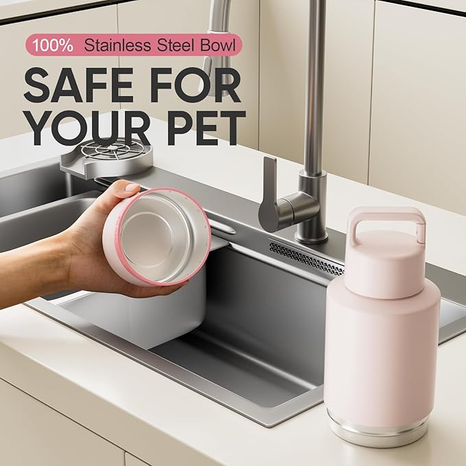 KEWIXY Insulated Dog Water Bottle with Travel Bowl, Dog Lover Gift, Portable Water Bottle Dispenser, Accessories for Car, Hiking, Camping, Outdoor, Leak-Proof, Detachable (Pale Pink)