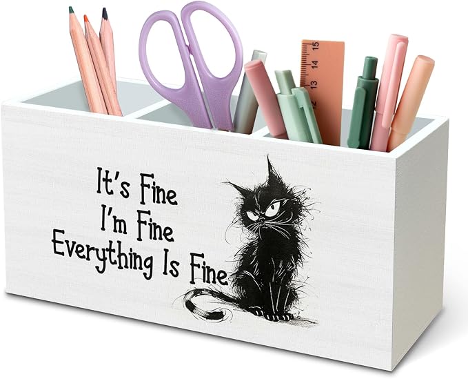 DILSJ Funny Black Cat Pen Pencil Holder Organizer for Desk, Cat Lovers Gifts, Funny Office Decor, It's Fine Everything Is Fine Wooden Box Signs for Office Workplace Desk Tabletop Decoration