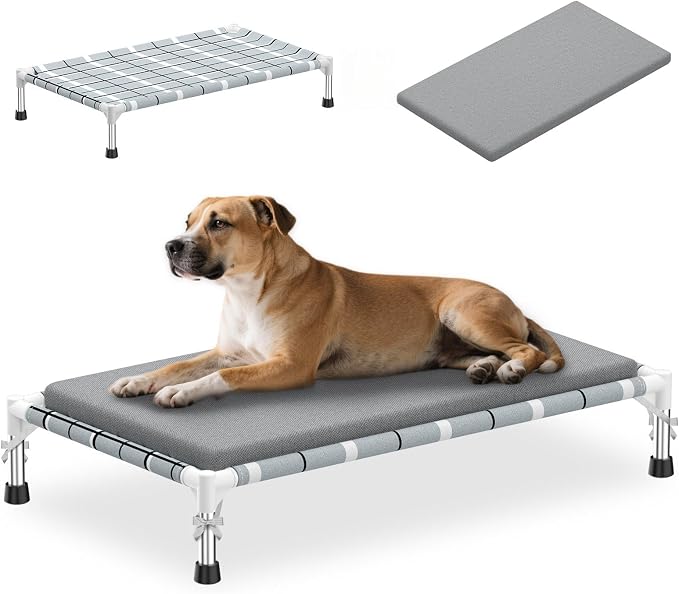 Elevated Dogs Bed with Cushion, Raised Cooling Lifted Outdoor Dog Mat Beds | Medium Portable Lifted Pet Cot Stainless Steel Frame Indoor Outside Breathable Hammock Beds