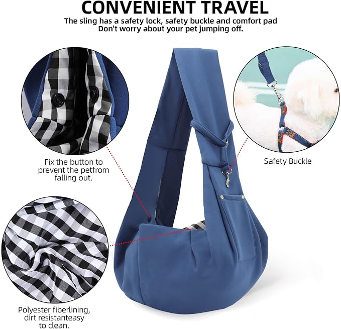 Dog and Cats Carrier Sling, Puppy Small Pet Carrier with Storage Pocket | Reversible Dog Sling Carrier, Safety Buckle, Storage Pocket, Machine Washable for Travel, Outdoor Activities, Hand-Free, Blue