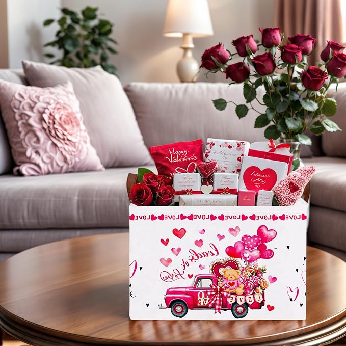 Cute Large Valentine's Day Gift Basket Empty Heart Decor Storage Bin for Kid Baby Room Décor (Rose Red Truck Bear)