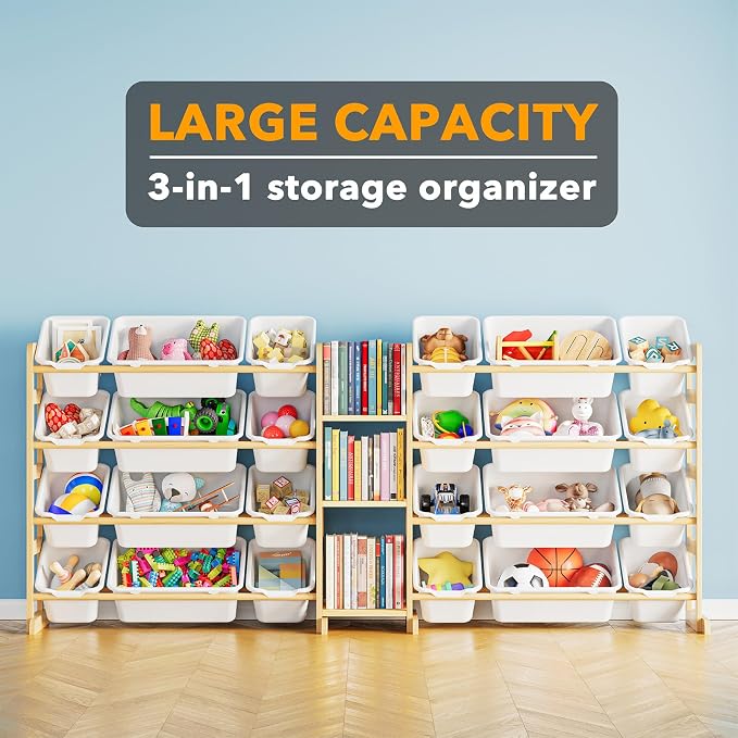 SpaceAid Large Toy Storage Organizer with 24 Bins and 3 Shelves, Toy Organizers Storage Bookshelf, Kids Bin Shelf Box Bookcase for Bedroom Playroom Organization Room Decor, White