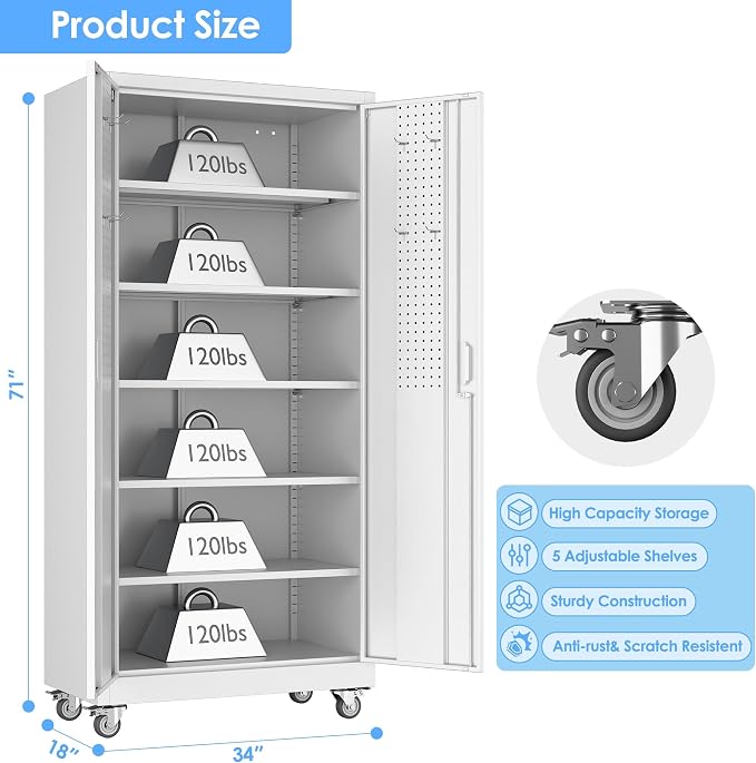 White Metal Garage Storage Cabinet with Wheels and Pegboard, 71 in. | Lockable steel cabinet with dual-door pegboard, 4 hooks, 5 adjustable shelves and detachable casters; assembly required.