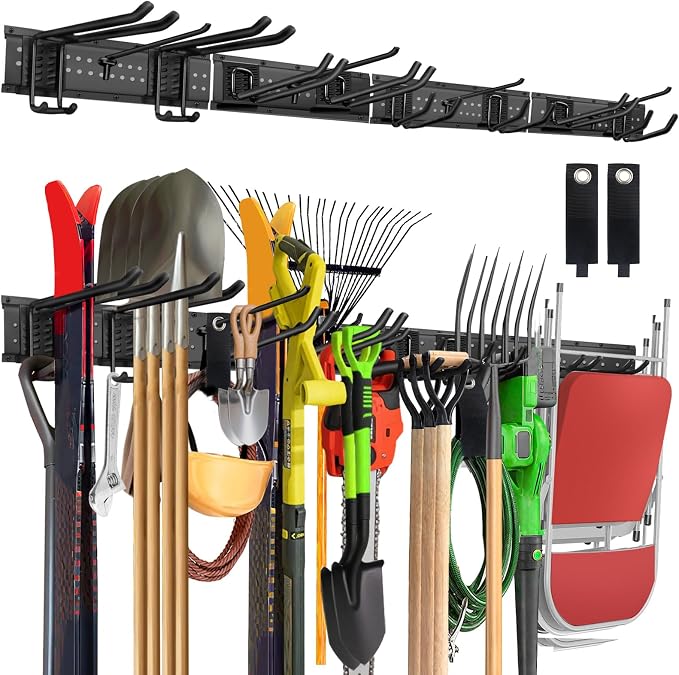 Garage Tool Organizer Wall Mount, 64in Tool Rack, 560LBS Capacity | Thick Steel, 12 Hooks in 4 Types, Rustproof Waterproof, Soft Anti-Scratch Hooks, With Storage Straps, For Garden Tool Storage