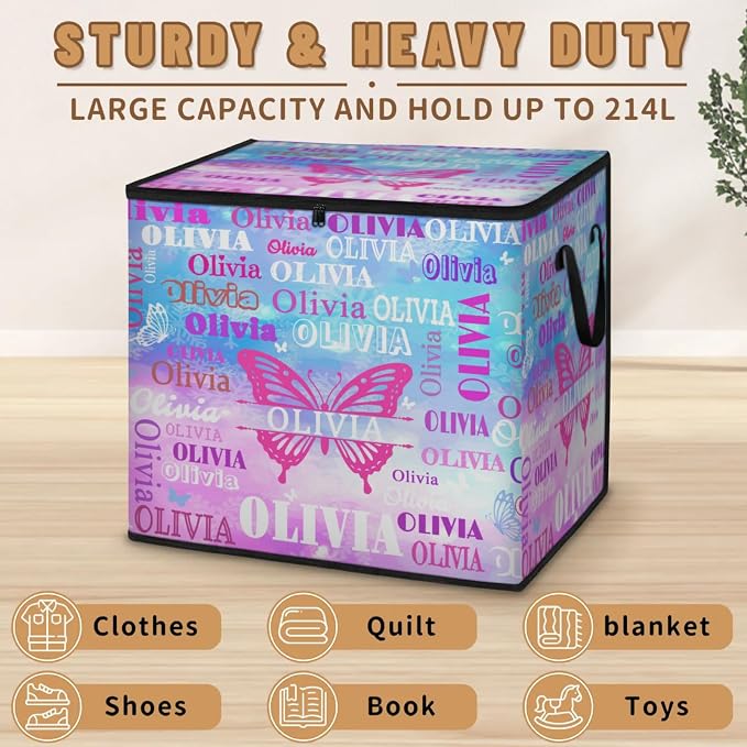 Custom Extra Large Storage Baskets Name with Lid, Butterfly Personalized Storage Bins Basket Boxes Handles for Clothes Blanket Bedroom Closet Organizing Toys Shelves, Painted Blue Pink Background