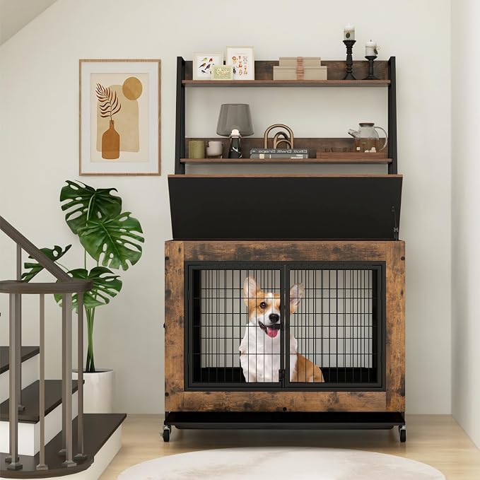 PETSITE Portable Dog Crate Furniture with Storage Shelves, 59 Inch Wooden Dog Kennel with Flip-up Top, 3 Lockable Doors and Removable Tray, Ideal for Small to Medium Dogs (Rustic Brown)