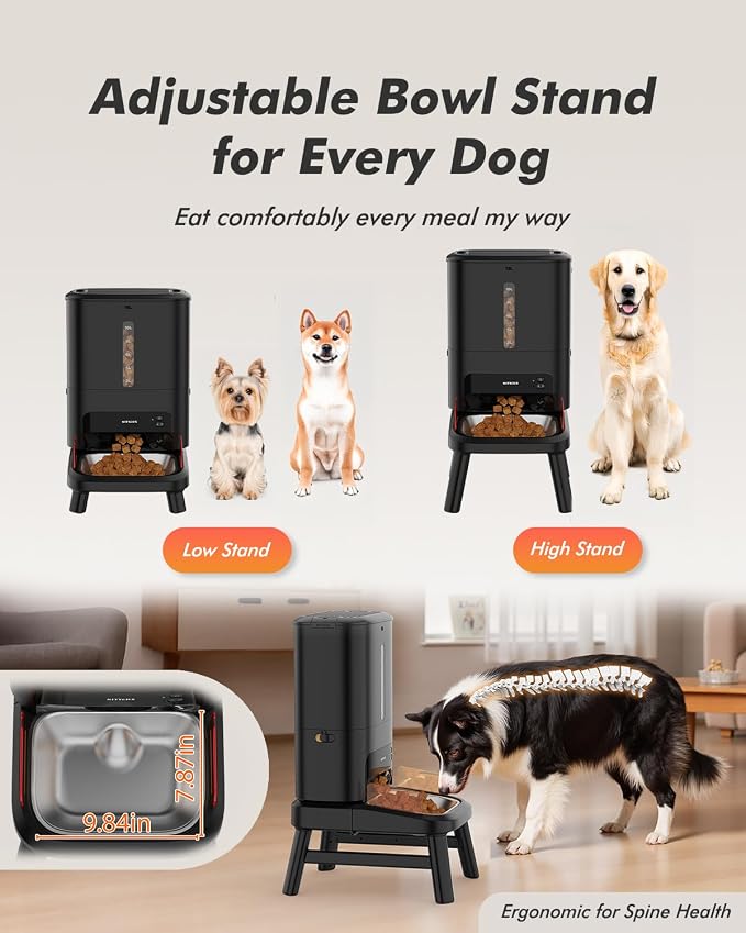 Automatic Dog Feeder for Large Breed with Camera - 15L/ 64 Cups Anti-Clog 5G WiFi Dog Food Dispenser for 2-23mm Kibble, Elevated Stand, Large Food Tray, 1080P HD Video with Night Vision, Keeps Fresh