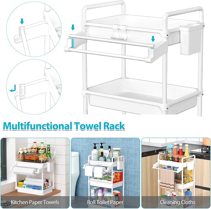 SPACEKEEPER Rolling Storage Cart, 3 Tier Utility Cart for Bathroom, White | Rolling Cart with Lockable Wheels, Towel Rack, Hooks & Cup for Laundry Room,Kitchen,Office, Snack,Craft,Art,Makeup,Nail,Toys
