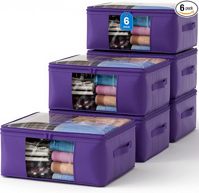 Clothes Storage Bags, Foldable Thick Fabric Blanket Storage Bags, Large Clear Window & Carry Handles, Great for Clothes, Blankets, Closets, Pillows (Purple, 6PACK)