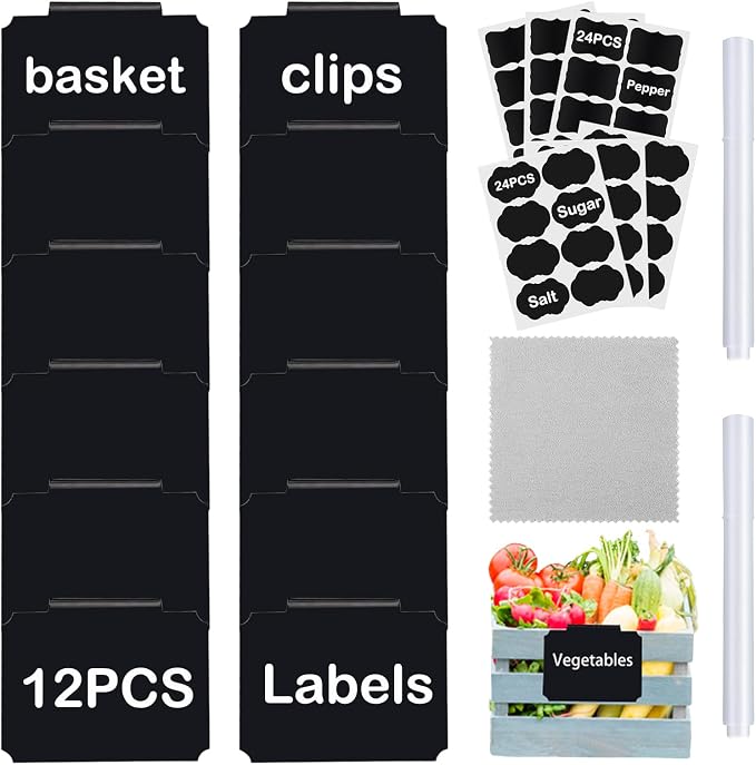 Basket Labels Clip Set - 12 Removable PVC Bin Label Holders with 2 Chalk Markers - Kitchen Clip Labels for Storage Baskets, Boxes, and Containers