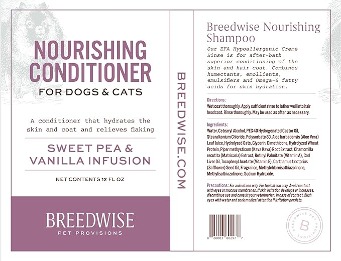 Breedwise Dog and Cat Conditioner - Moisturizing Hypoallergenic Formula for Sensitive Skin - Detangling & Smoothing Pet Cream - Sweet Pea & Vanilla Scent - 12oz - Made in USA
