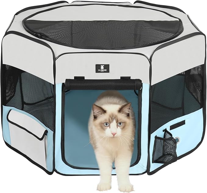 X-ZONE PET Foldable Dog Playpen, Portable Pet Play Pen for Puppy Cat, Blue | Pop‑Up Dog Playpens Indoor & Outdoor, Waterproof Dog Kennel Cage, Removable Top, Travel Camping Playpen, X-Large Size