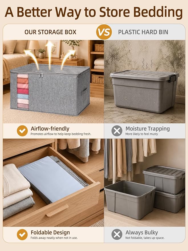 60L Rigid-Sided Blanket Storage Bags, 2 Pack, Gray | Rigid Sides and Bottom, Stackable Design, for Comforters, Quilts, Bedding, Pillows and Clothes, Closet and Dorm Organization