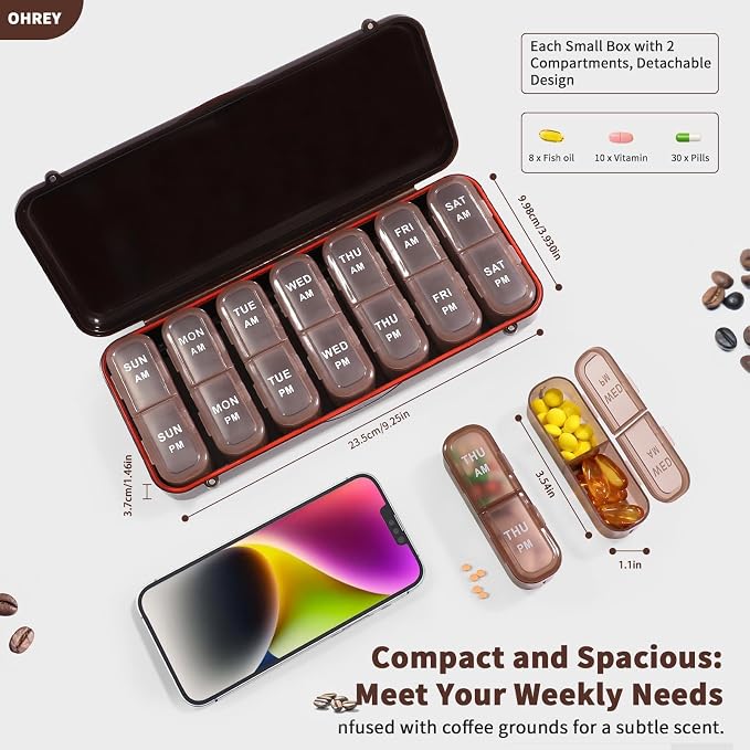 Pill Organizer 2 Times a Day, Weekly Travel Case for Vitamins, Fish Oils + 2 Detachable Cute Boxes (Brown)