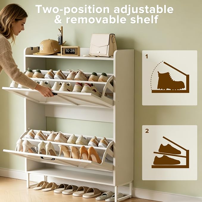 Urban Deco Shoe Storage Cabinet for Entryway, 2 Flip Drawers Shoe Organizer, Elegant 2-Tier Freestanding Shoe Cabinet with Anti-Tipping Design (White)