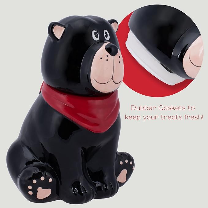 Black Bear Handkerchief 10 x 7.9 Dolomite Ceramic Everyday Cookie & Candy Jar with Airtight Lid: Perfect for Kitchen Canisters, Pet Treat Containers & Decorative Storage