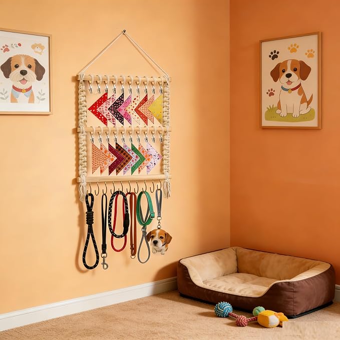 Dog Bandana Holder- Wall Hanging Dog Leash Holder Macrame Pet Accessory Organizer & Decor Hanging Headband Holder,Dog Collar Display (White)