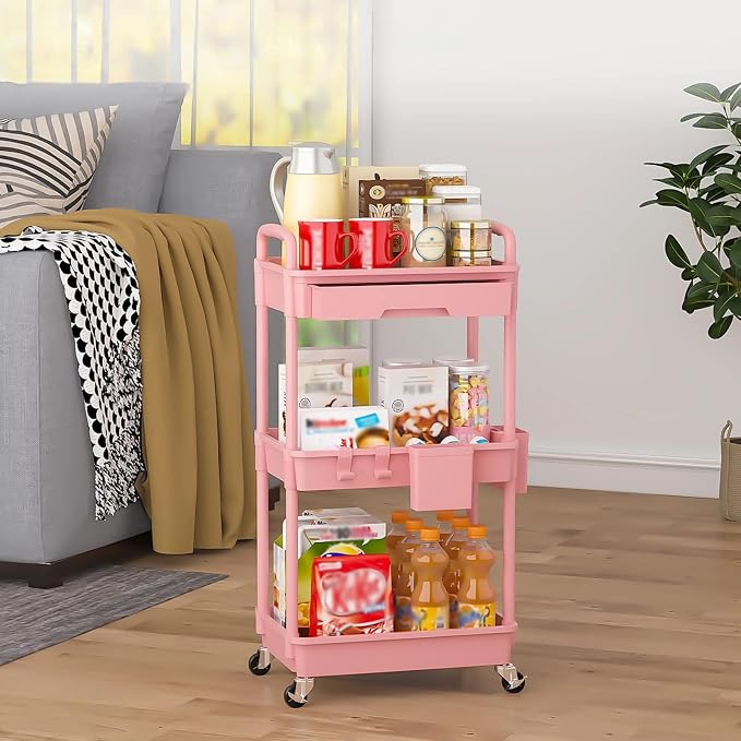 3 Tier Rolling Utility Cart with Drawer, Plastic Storage Organizer Rolling Carts with Wheels Handles Hanging Cups Hooks for Office, Bathroom, Kitchen,Craft Art Room (Pink)