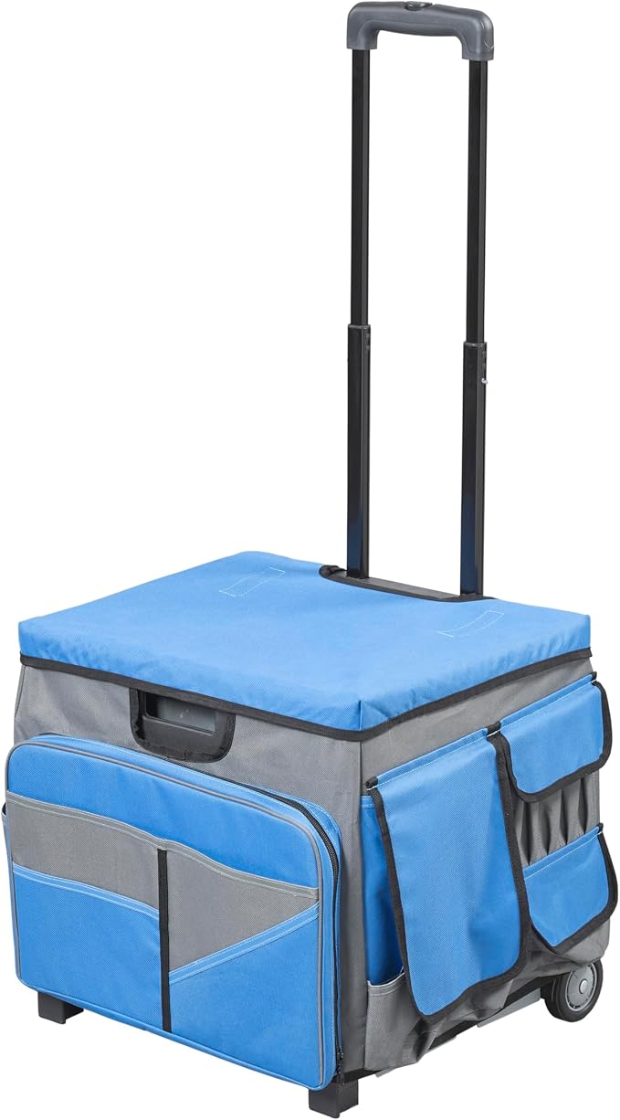 Folding Mobile Utility Cart, Canvas Organizer Bag, Blue/Grey | Durable plastic, 30 compartments, adjustable handle, 40 lb capacity, collapses to 3" thick, rolling wheels for easy transport