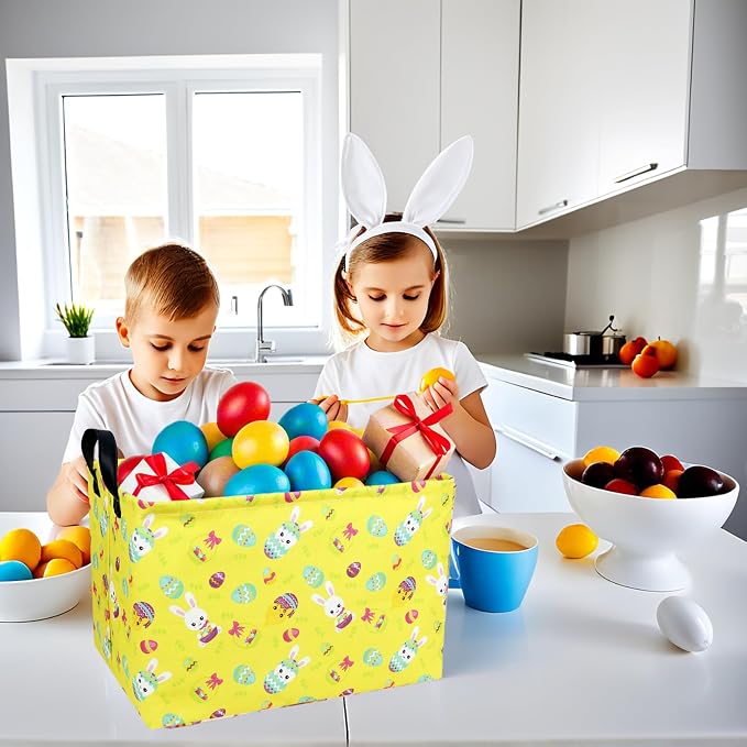 Large Empty Easter Basket for Kid Yellow Fabric Personalized Bunny Eggs Easter Gift Basket for Boy and Girl (Rabbit Chicken)