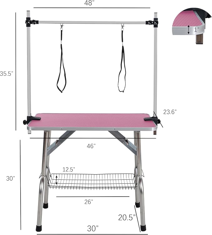 46" Pet Dog Grooming Table, Foldable Stainless Steel Frame Pet Drying Grooming Table Up to 330lbs, Professional Bathing Desk for Dogs at Home with Adjustable Overhead Arms, Noose, Mesh Tray, Pink