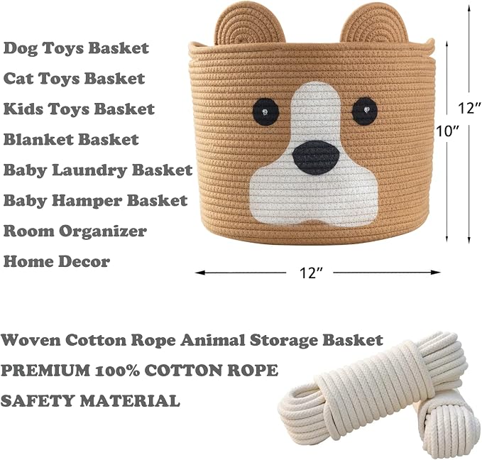 Medium Dog Woven Baskets with Handle, Dog Toy Hamper, Cotton Rope Dog Toy Storage Baskets for Pet, Animal Basket for Kids, Baby Gift Baskets for Dog Lovers, Khaki