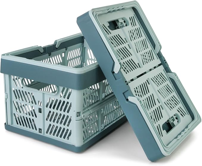 Domiella 2-Pack Foldable Storage Baskets, 20L Collapsible Crates PP Blue | Comfortable carry handles, space-saving design, sturdy PP construction for home storage shopping camping and picnics