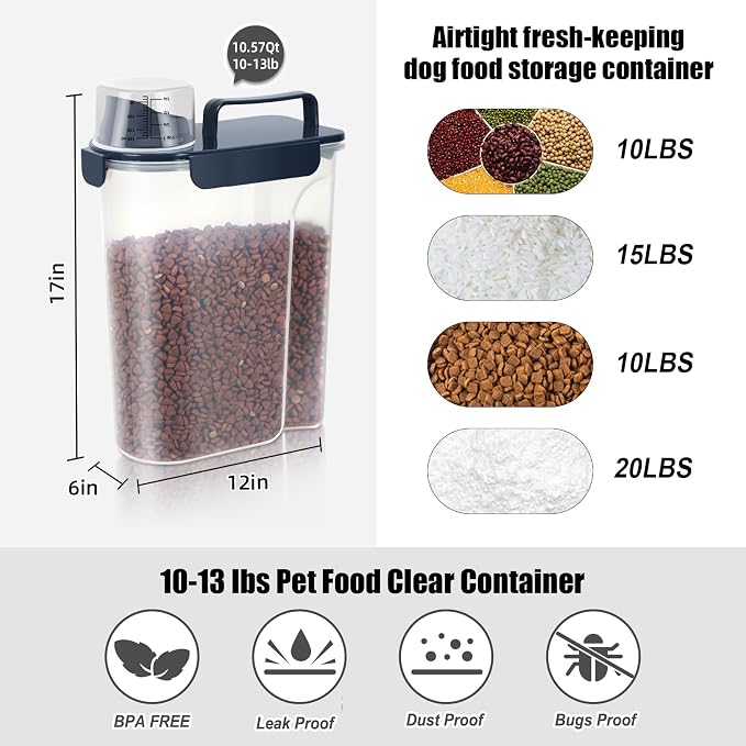 LEAWALK 10-13 Lbs Upgrade Capacity Dog Cat Food Storage Container, Pet Dog Treat Container, Airtight, Clear Bucket Body, With 2-Cup Scoop, Handle, Large Nozzle, 4-Safety Buckles, Easy to Clean, Blue