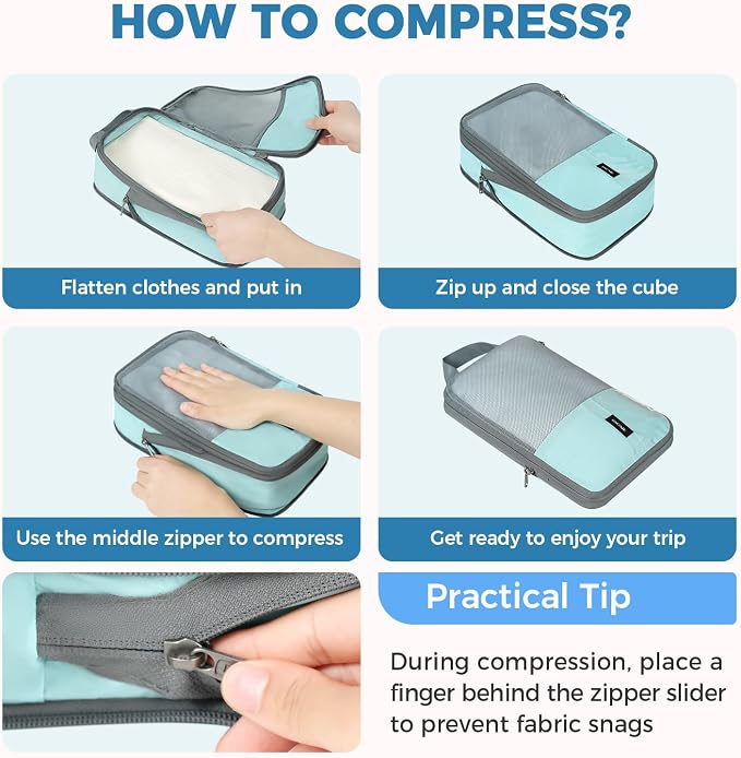 BAGAIL Lightweight Compression Packing Cubes for Travel, 6 Set, Dusty Blue | Salis Nylon Fabric,Anti-Tearing,Save Space,SBS Zippers,Packing List,PVC Tag Pocket,Custom Labels,Visible Mesh,Portable Handel