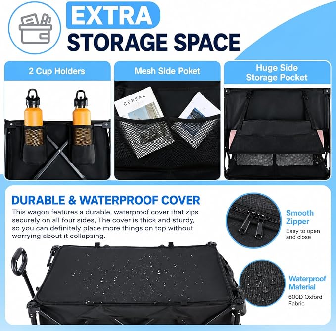 600LB Double Decker Foldable Wagon Cart, 400L Large Storage, Heavy Duty | 50" Extended Collapsible Wagon, Extra Large Collapsible Cart with Wheels for Camping, Fishing, Beach & Outdoor Use