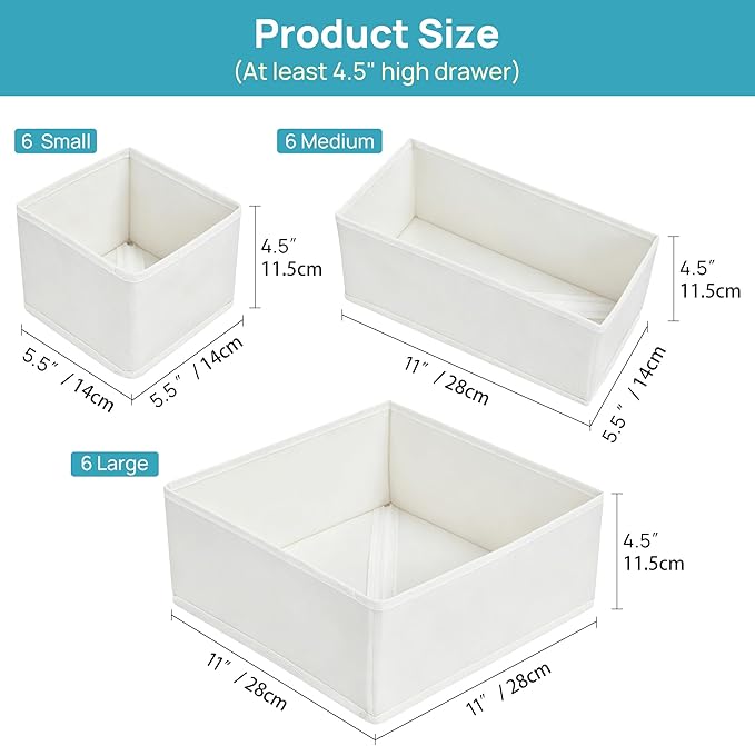 Vtopmart 18 Pack Baby Clothes Organizer, Fabric Drawer Drawer Bins, White | Nursery Drawer Storage, Baby Clothes Organization, Foldable Fabric Bins, Dresser Closet Organizer, Socks, Bras & Accessories