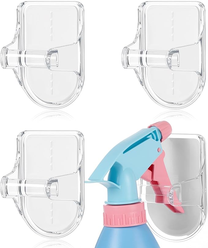 4 Pcs Wall Mount Spray Bottle Hooks Holder Spray Bottle Hanger Adhesive Hook to Create Storage Space Rack Organizer Hanger for Cabinet Kitchen Variety Surfaces (Clear)