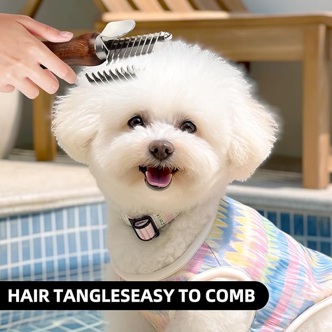 Dog Dematting Comb with Wooden Handle Stainless Steel Safety Blades Dog Dematting Fur Rake Brush Pet Grooming Tool for Long Haired Dogs&Cats Remove Loose Hair Undercoat Mats Knots Tangles